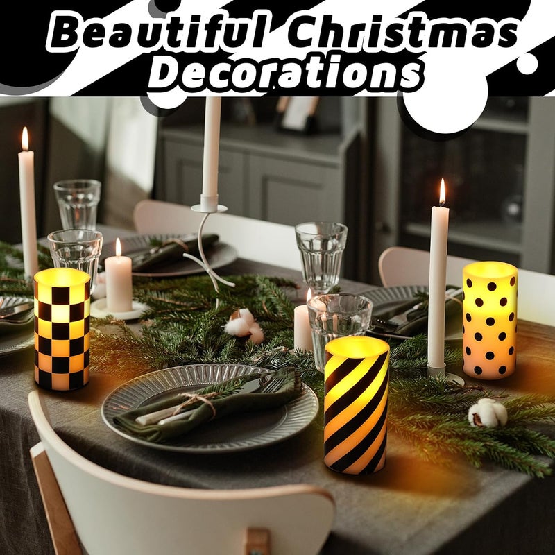 ROCEEI Store 3 Pcs Black and White Checked Flameless Candles Battery Operated LED Candles Flickering Real Wax Decorations for Indoor Holiday Party Table Decor - Image 5